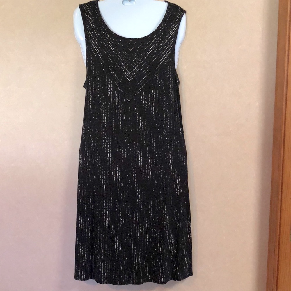APT9 slinky black dress with cream bits of color through out.